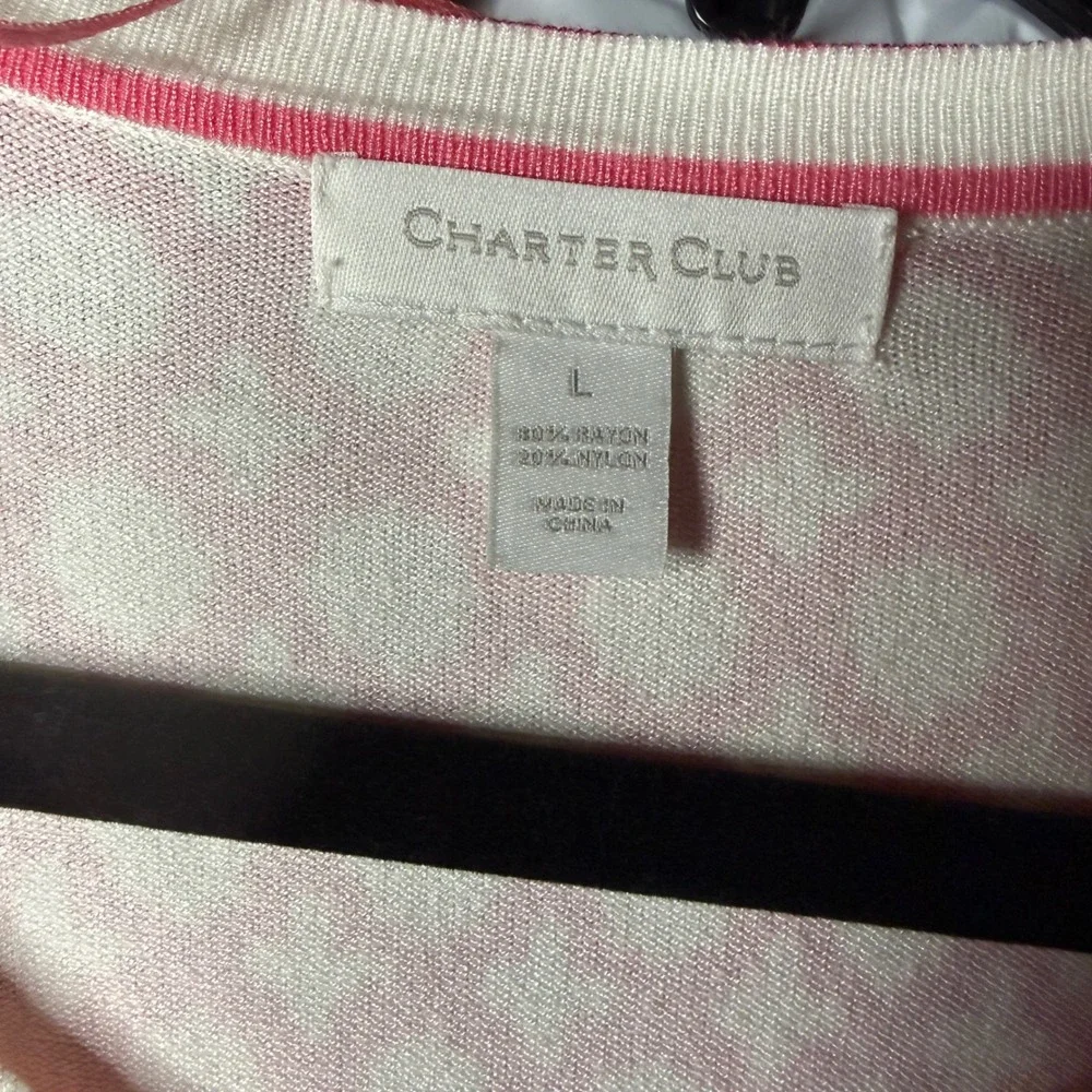 Charter Club Pink White Geometric Cardigan Sweater Strawberry Ice Large NWT - Picture 4 of 8
